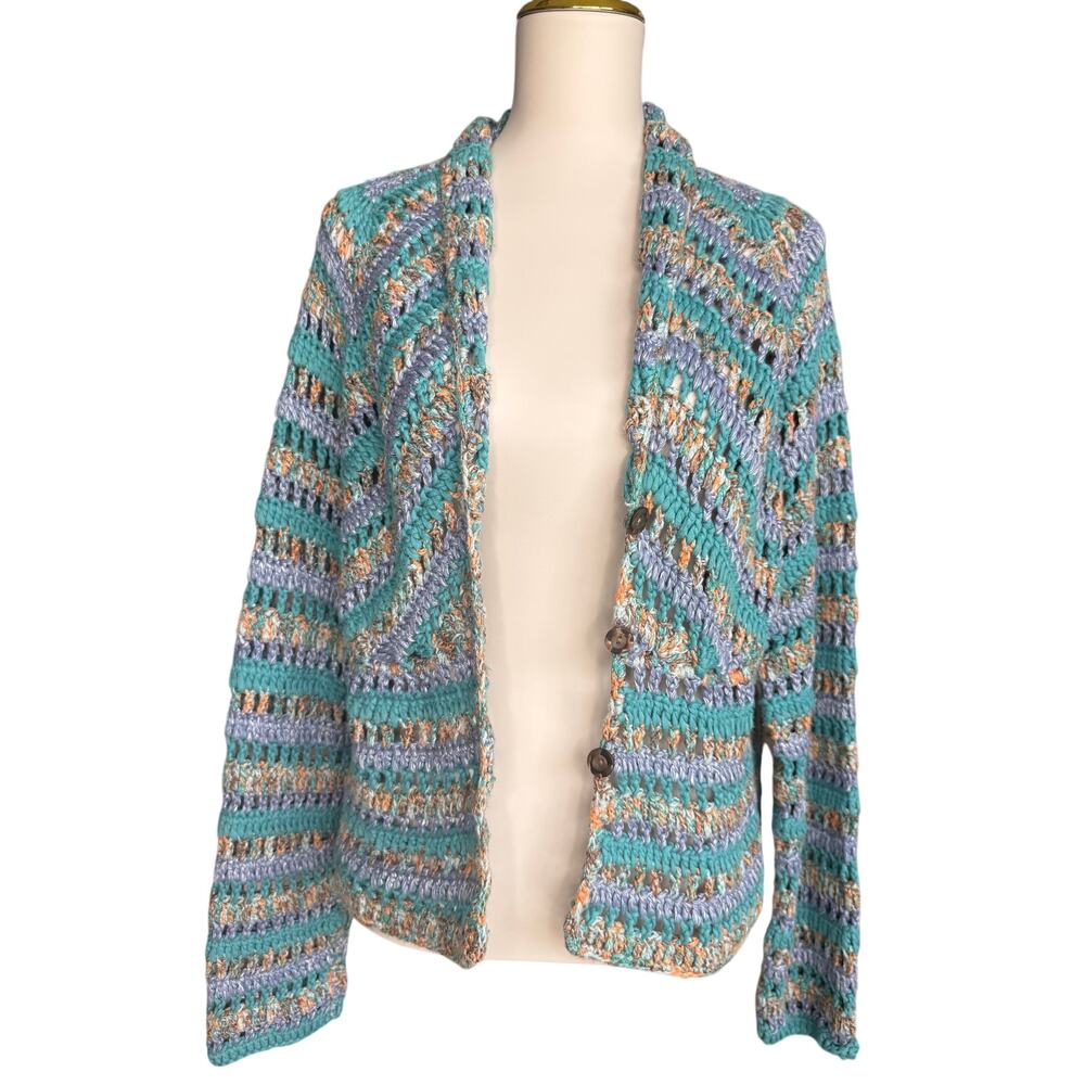 J. Jill Hand Crochet Open Knit Cardigan Blue Teal Cotton Blend Boho Medium - Picture 2 of 12